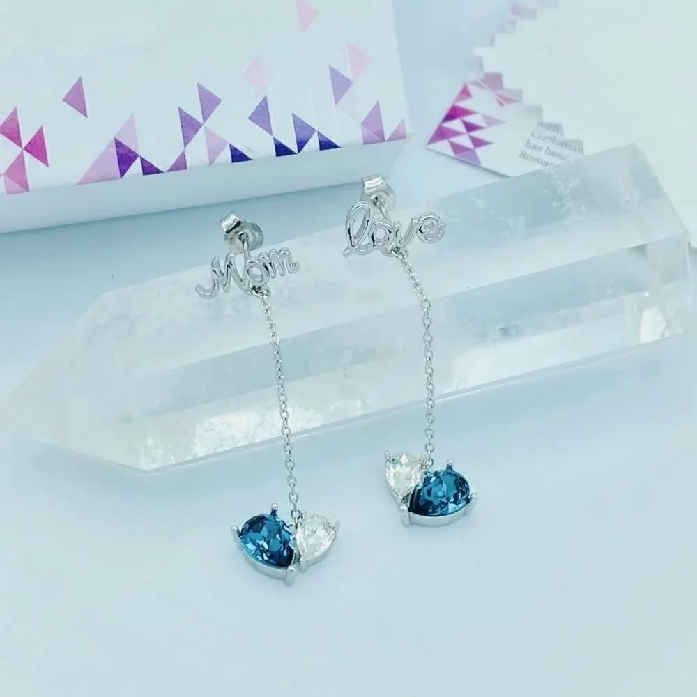 I Love You Mom Sterling Silver Simulated Sapphire Drop Earrings
